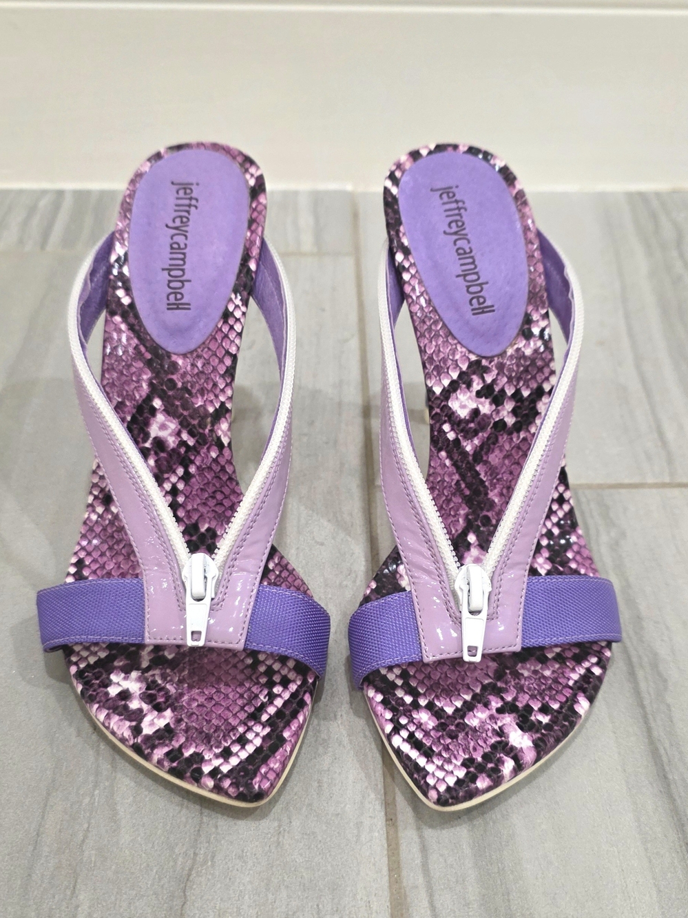 Jeffrey Campbell Purple Snake-Print Zip Front Sandals - size US 7